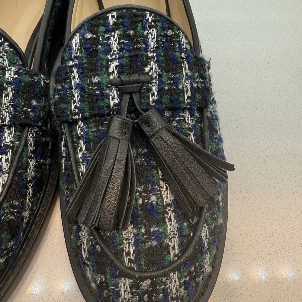 Stylish Women’s Ann Taylor Navy Black Tweed Tassel Loafers, EUC, Size 9